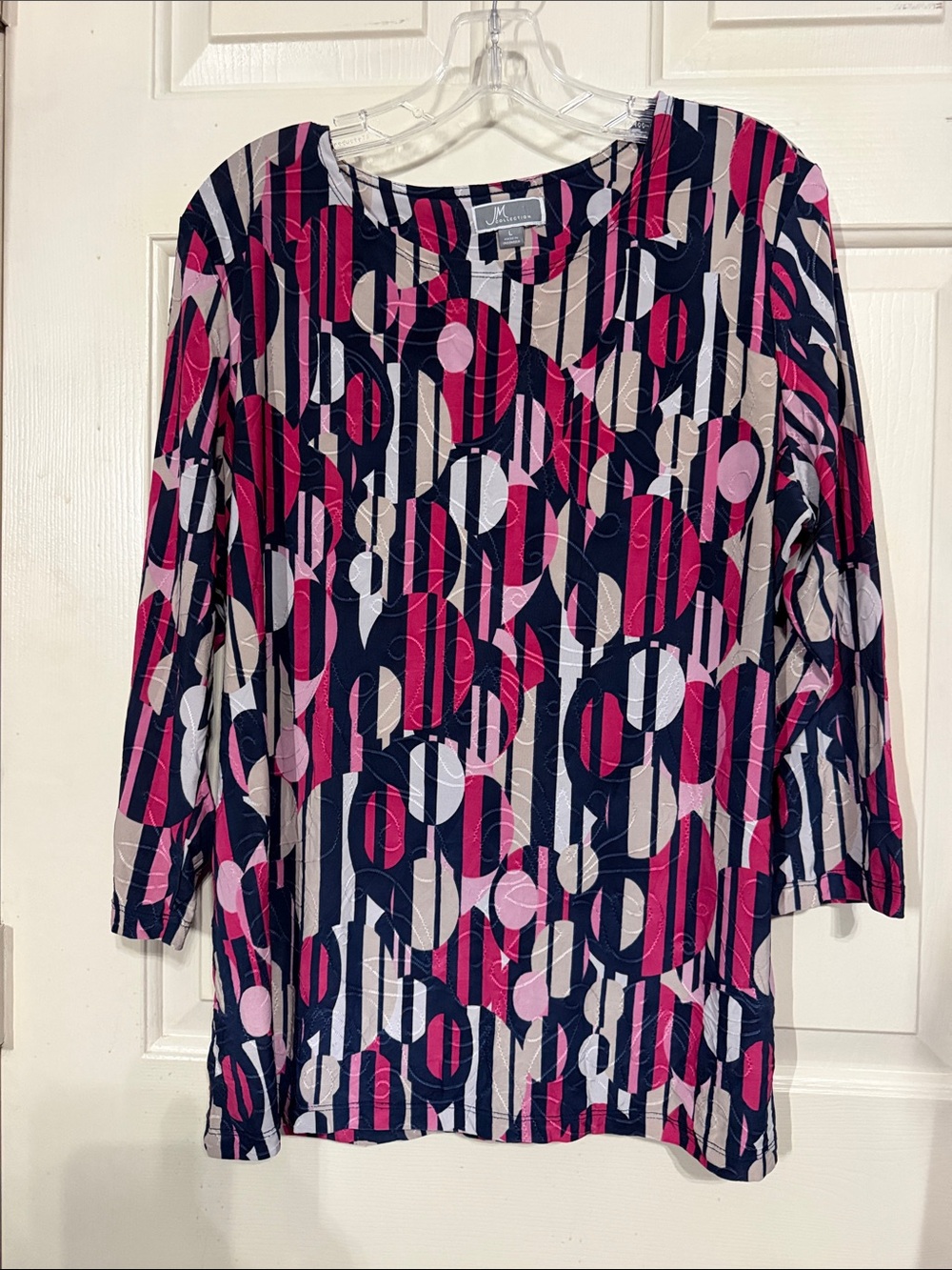 JM Collection Navy, Pink & Cream Geometric Long Sleeve Scoop Top